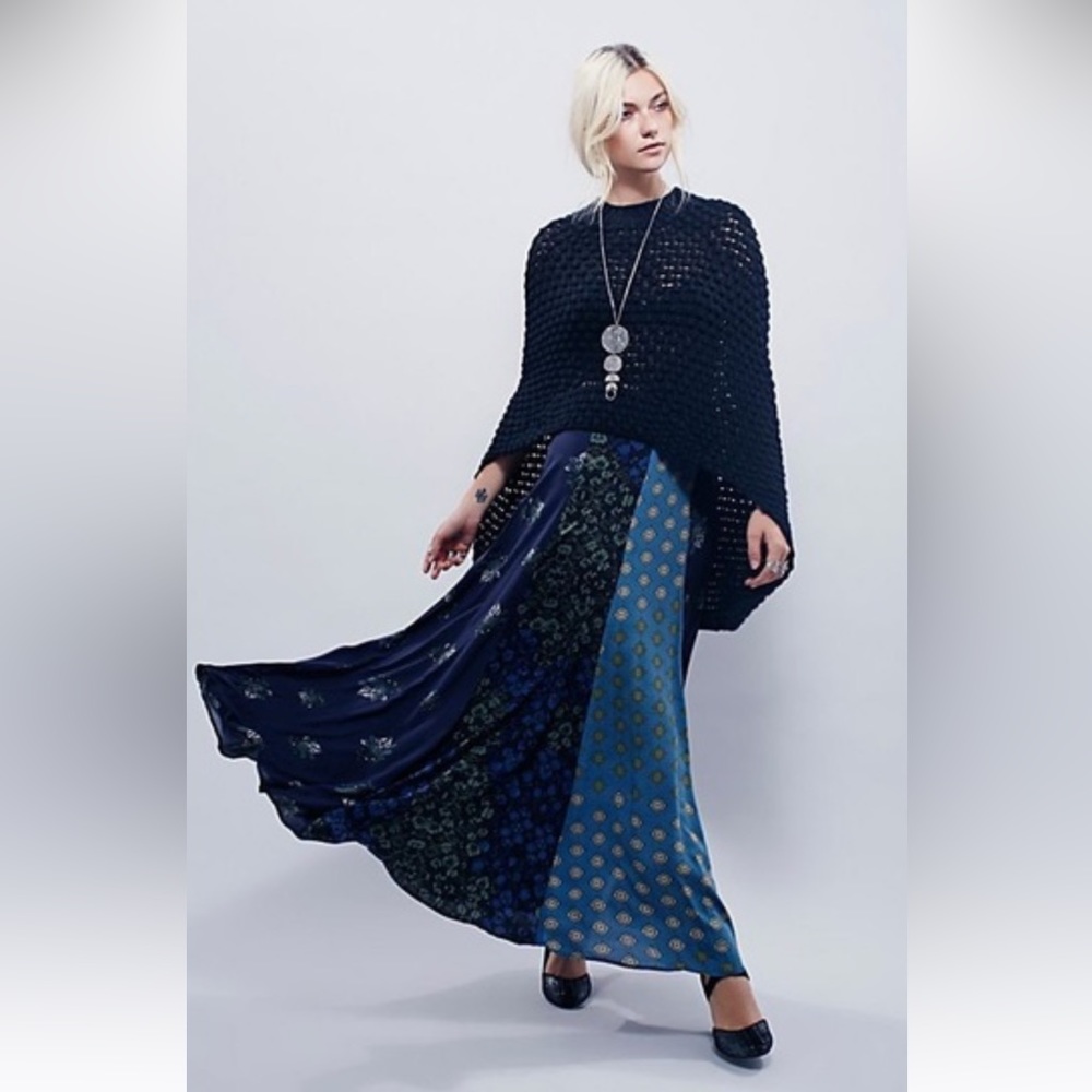 Free People Amazing Technicolor Blue Black Floral Print Patchwork Maxi Skirt 6